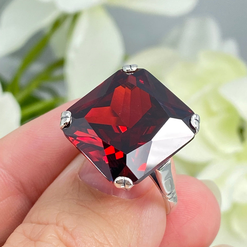 Garnet Ring, Large square Red Cubic Zirconia Garnet gem in crisscross basket-weave filigree, art deco styled ring, Art Deco Jewelry, Silver Embrace Jewelry