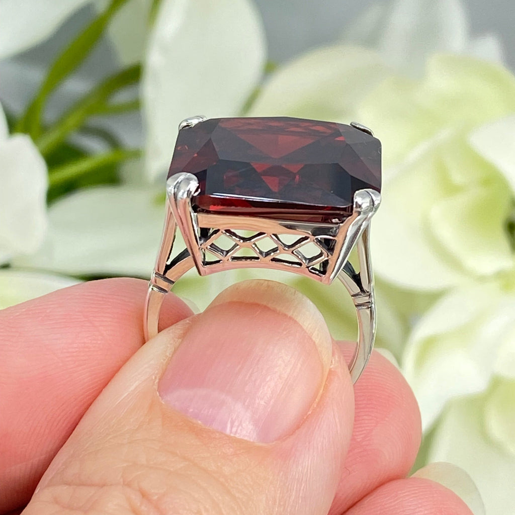 Garnet Ring, Large square Red Cubic Zirconia Garnet gem in crisscross basket-weave filigree, art deco styled ring, Art Deco Jewelry, Silver Embrace Jewelry