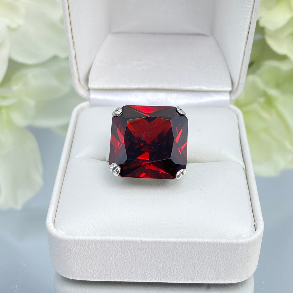 Garnet Ring, Large square Red Cubic Zirconia Garnet gem in crisscross basket-weave filigree, art deco styled ring, Art Deco Jewelry, Silver Embrace Jewelry