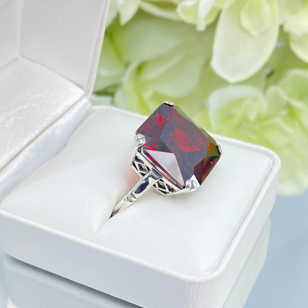 Garnet Ring, Large square Red Cubic Zirconia Garnet gem in crisscross basket-weave filigree, art deco styled ring, Art Deco Jewelry, Silver Embrace Jewelry