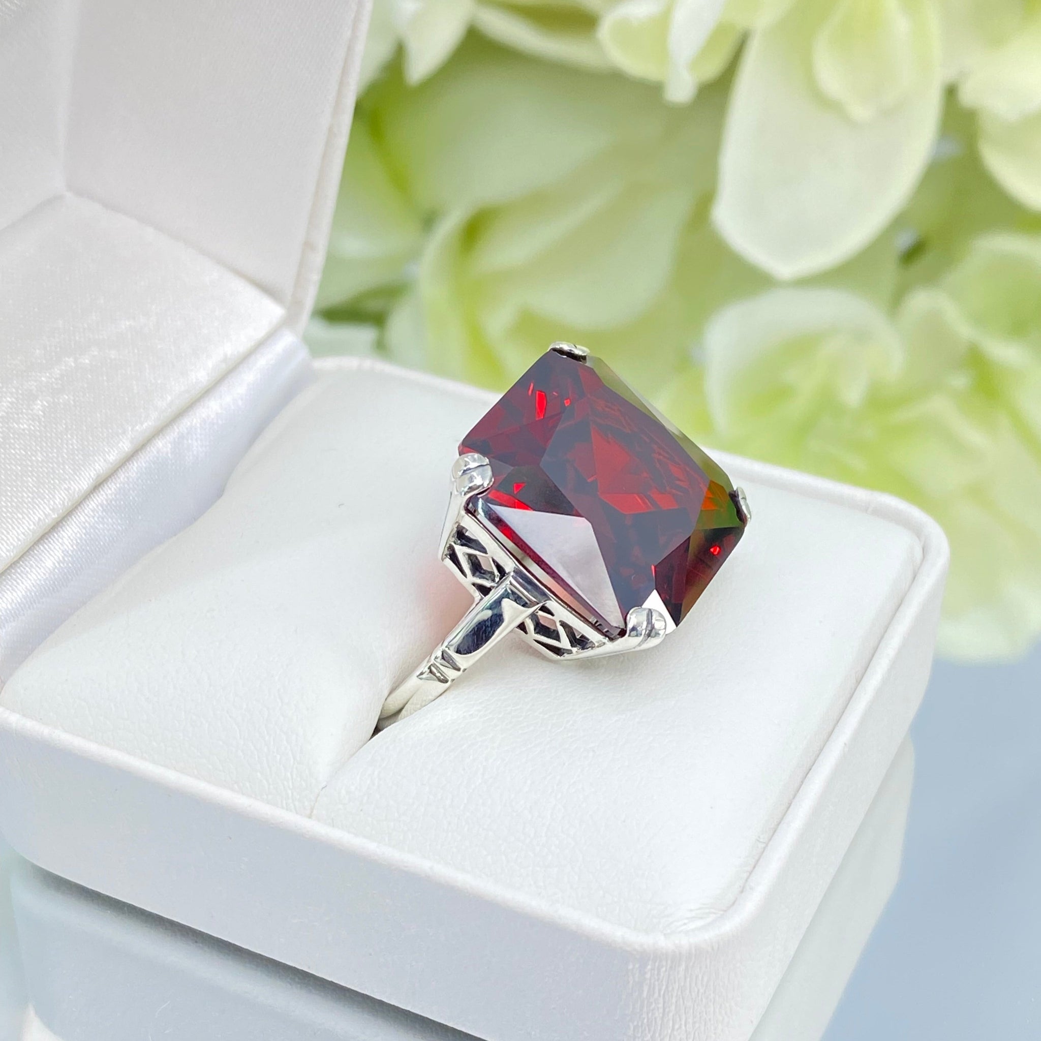 Garnet CZ Ring, 20ct Big Huge Square Gem, Vintage Jewelry #D1 