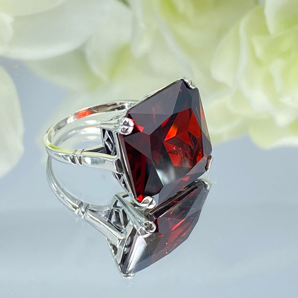 Garnet Ring, Large square Red Cubic Zirconia Garnet gem in crisscross basket-weave filigree, art deco styled ring, Art Deco Jewelry, Silver Embrace Jewelry