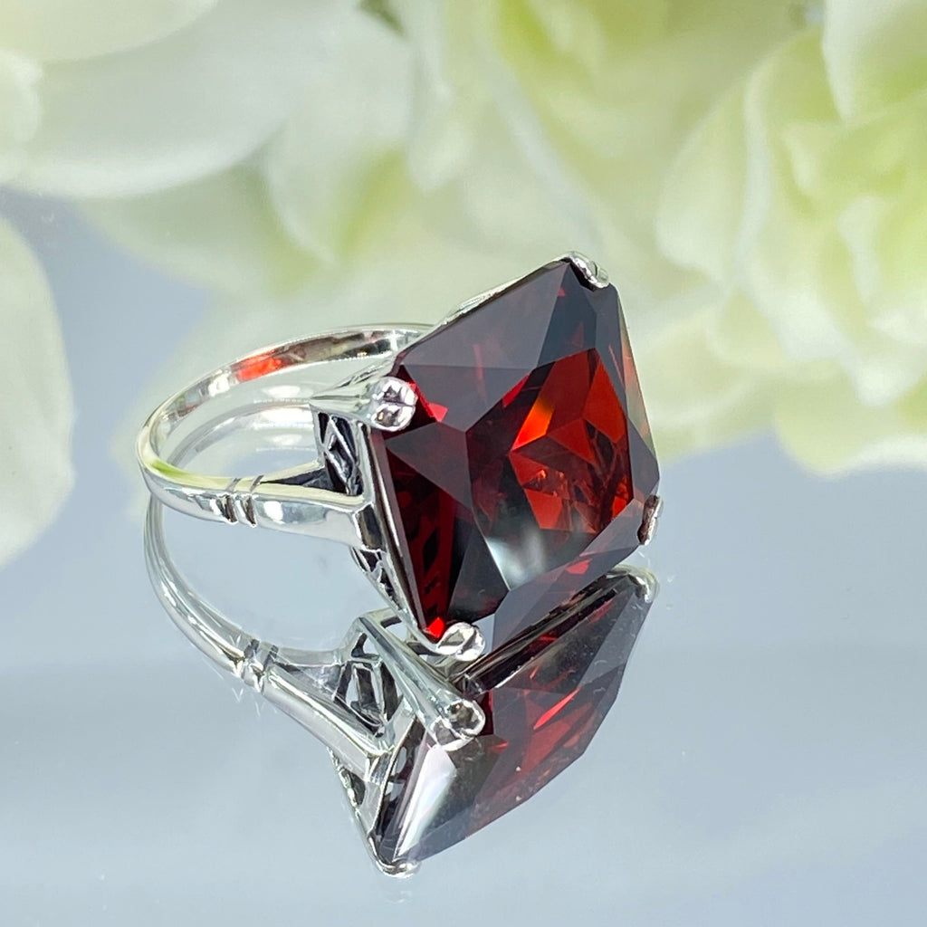 Garnet Ring, Large square Red Cubic Zirconia Garnet gem in crisscross basket-weave filigree, art deco styled ring, Art Deco Jewelry, Silver Embrace Jewelry