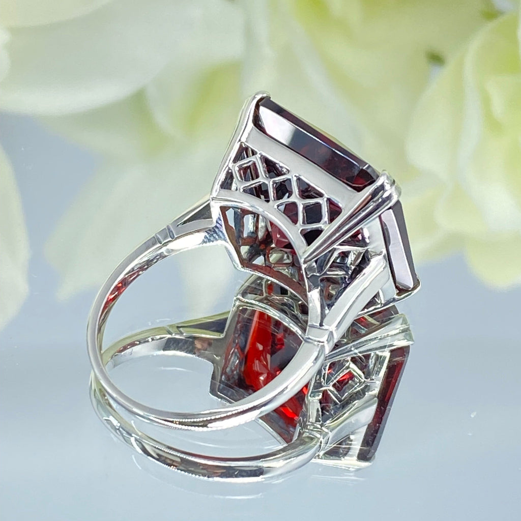 Garnet Ring, Large square Red Cubic Zirconia Garnet gem in crisscross basket-weave filigree, art deco styled ring, Art Deco Jewelry, Silver Embrace Jewelry