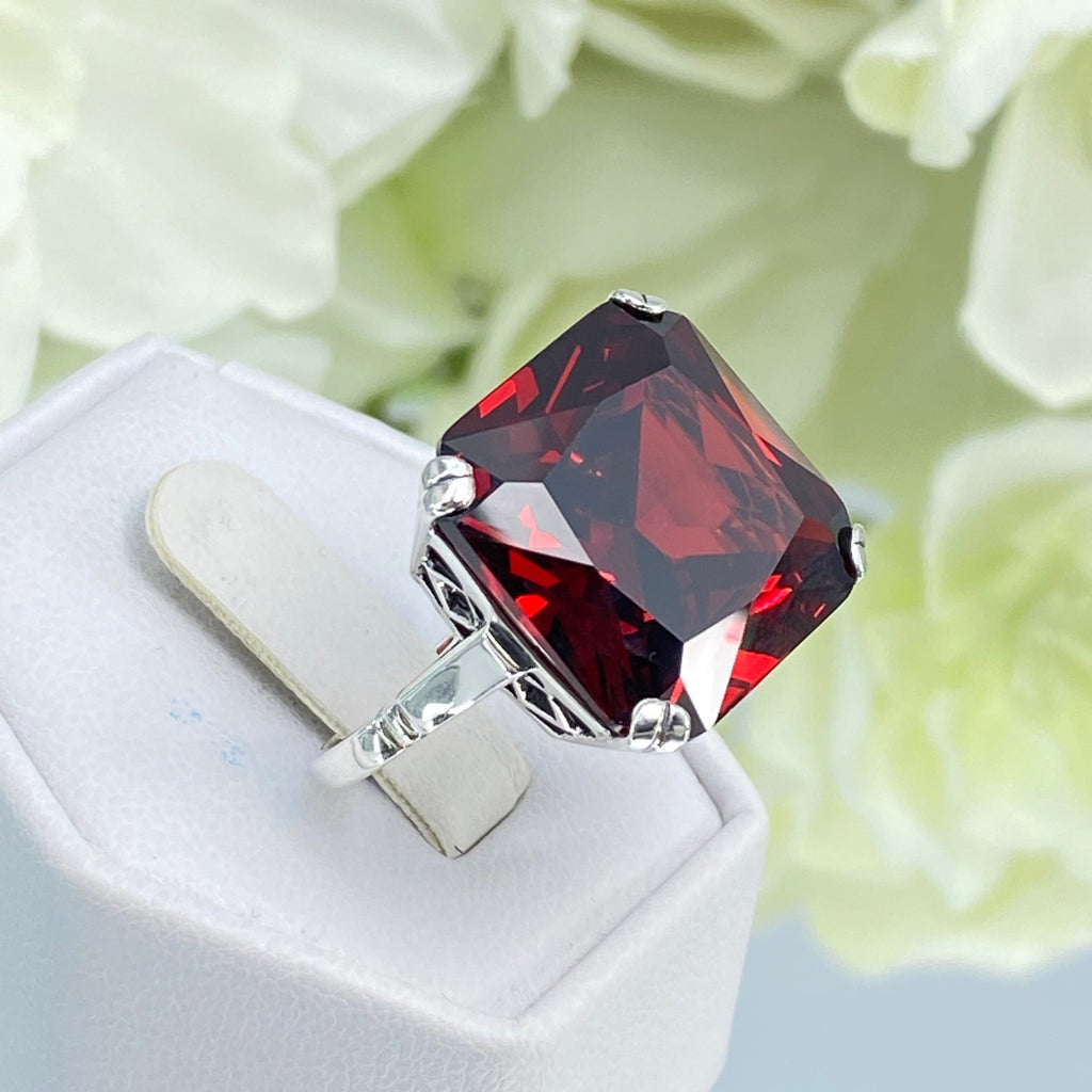 Garnet Ring, Large square Red Cubic Zirconia Garnet gem in crisscross basket-weave filigree, art deco styled ring, Art Deco Jewelry, Silver Embrace Jewelry