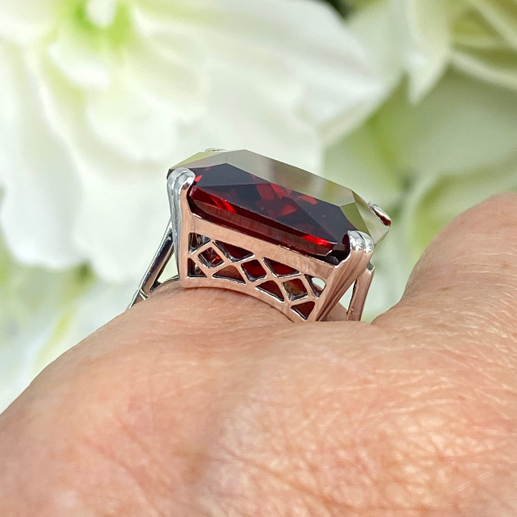 Garnet Ring, Large square Red Cubic Zirconia Garnet gem in crisscross basket-weave filigree, art deco styled ring, Art Deco Jewelry, Silver Embrace Jewelry