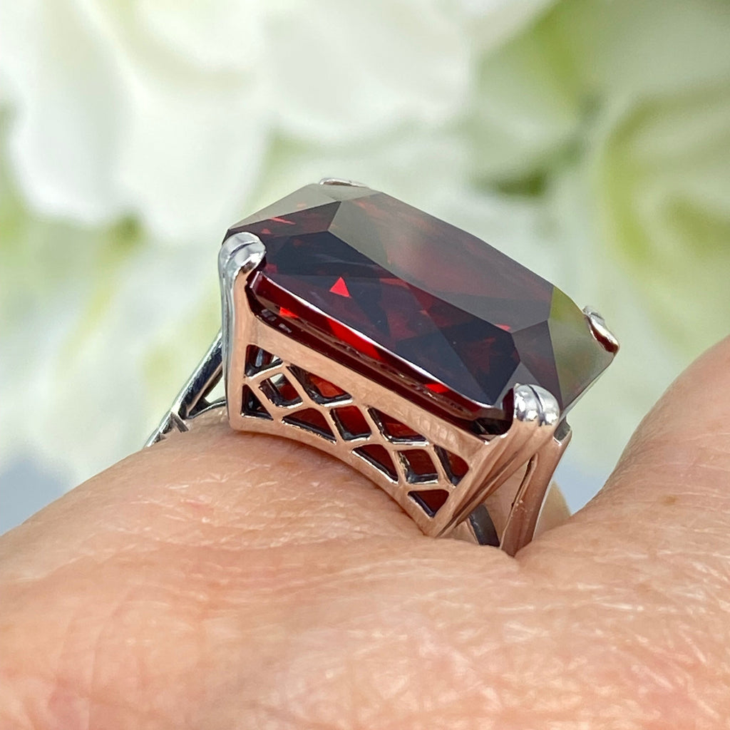 Garnet Ring, Large square Red Cubic Zirconia Garnet gem in crisscross basket-weave filigree, art deco styled ring, Art Deco Jewelry, Silver Embrace Jewelry