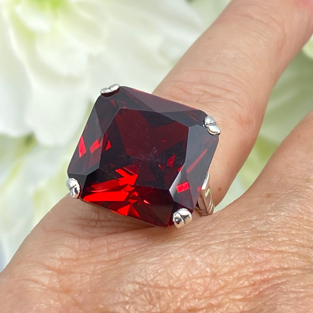 Garnet Ring, Large square Red Cubic Zirconia Garnet gem in crisscross basket-weave filigree, art deco styled ring, Art Deco Jewelry, Silver Embrace Jewelry