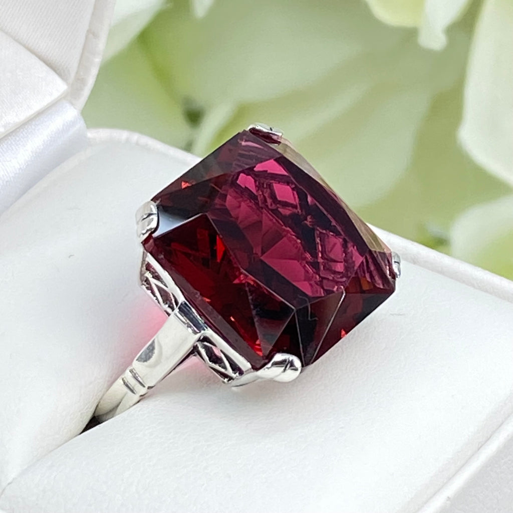 Red Ruby Ring, Large square gem in crisscross basket-weave filigree, art deco styled ring, Art Deco Jewelry, Silver Embrace Jewelry