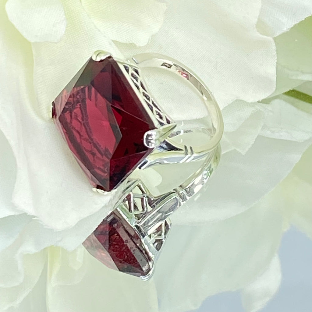 Red Ruby Ring, Large square gem in crisscross basket-weave filigree, art deco styled ring, Art Deco Jewelry, Silver Embrace Jewelry