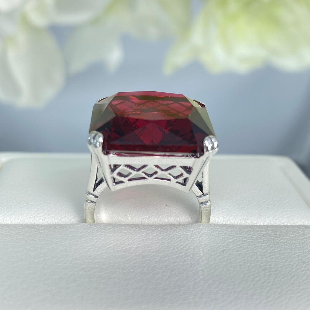 Red Ruby Ring, Large square gem in crisscross basket-weave filigree, art deco styled ring, Art Deco Jewelry, Silver Embrace Jewelry