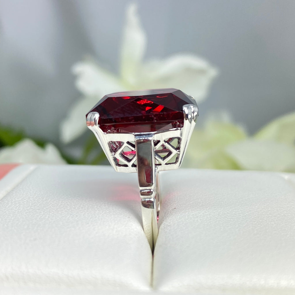 Red Ruby Ring, Large square gem in crisscross basket-weave filigree, art deco styled ring, Art Deco Jewelry, Silver Embrace Jewelry