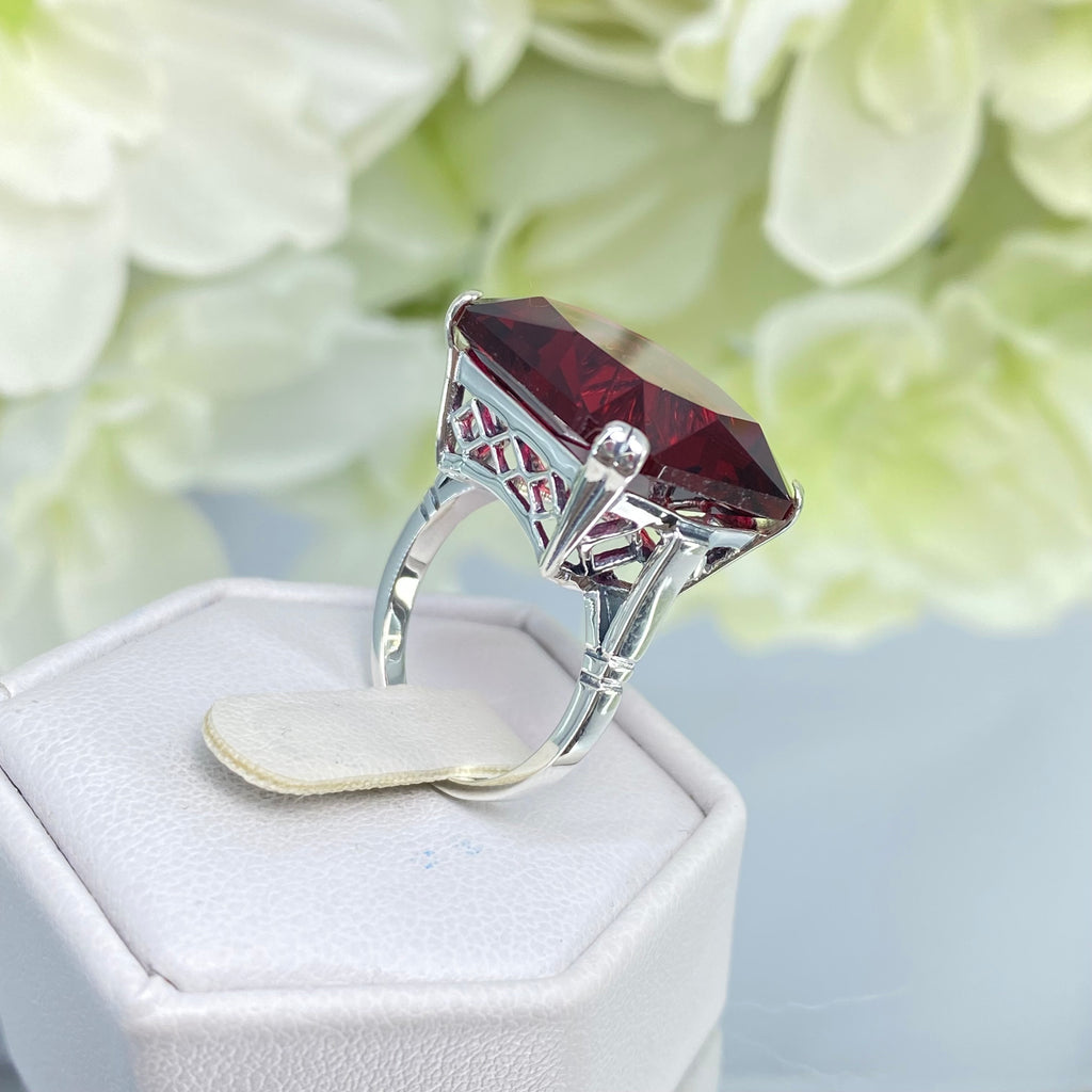 Red Ruby Ring, Large square gem in crisscross basket-weave filigree, art deco styled ring, Art Deco Jewelry, Silver Embrace Jewelry