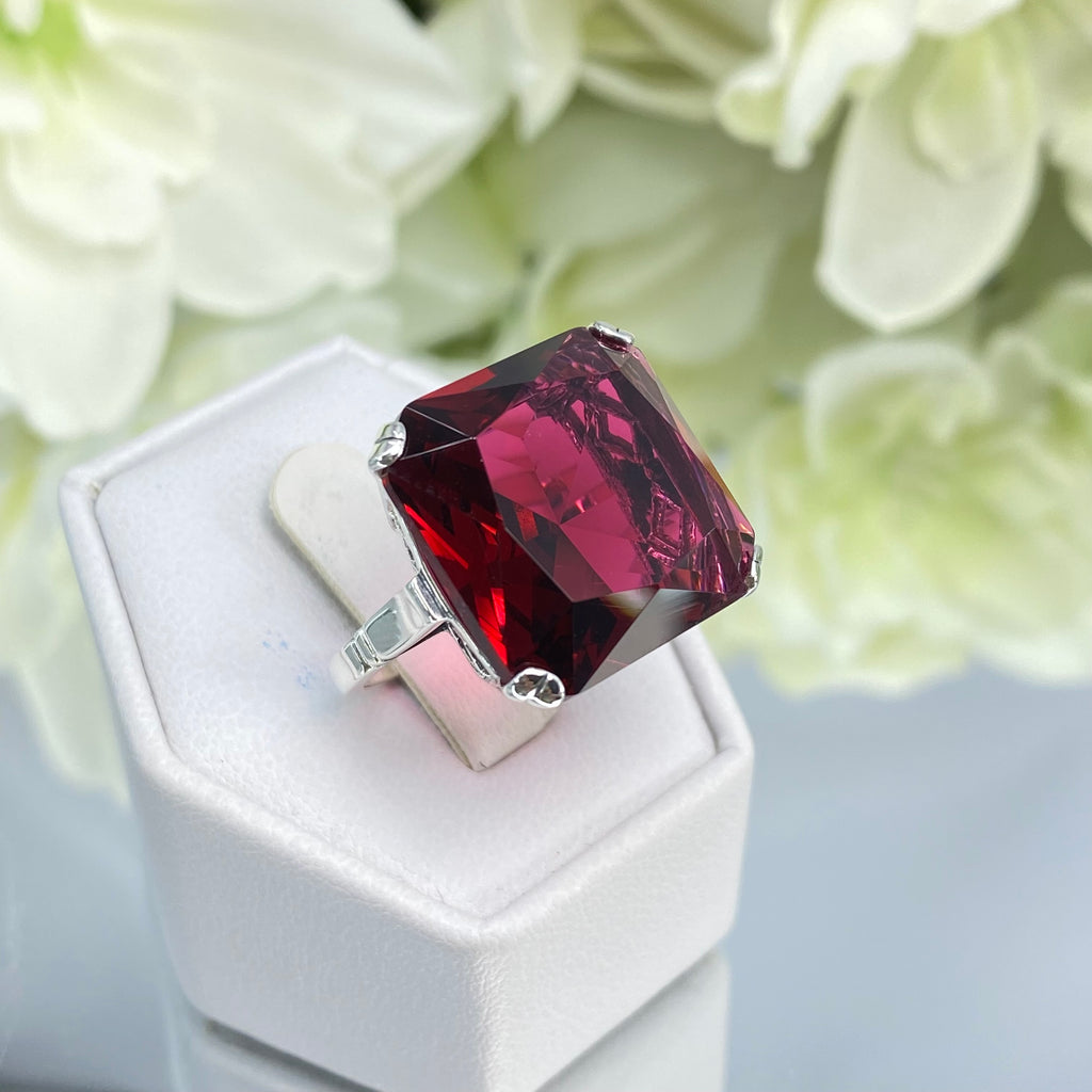 Red Ruby Ring, Large square gem in crisscross basket-weave filigree, art deco styled ring, Art Deco Jewelry, Silver Embrace Jewelry