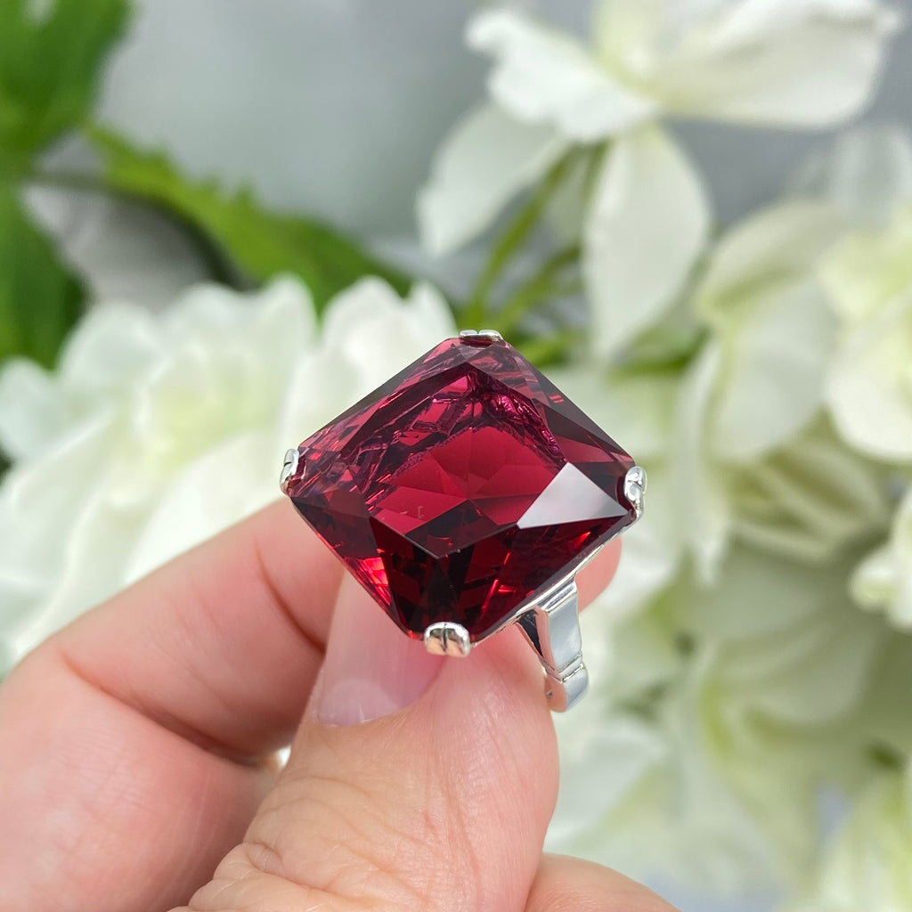 Red Ruby Ring, Large square gem in crisscross basket-weave filigree, art deco styled ring, Art Deco Jewelry, Silver Embrace Jewelry