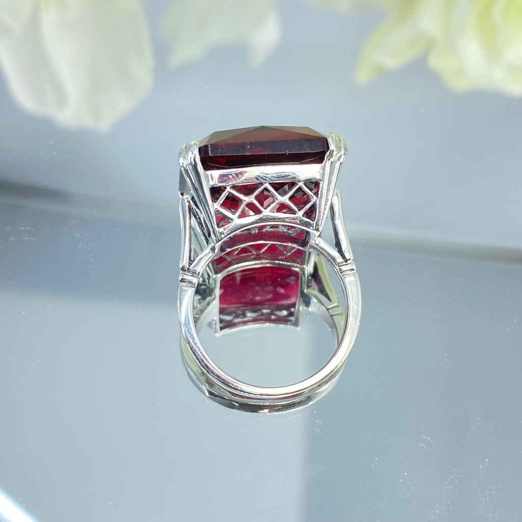 Red Ruby Ring, Large square gem in crisscross basket-weave filigree, art deco styled ring, Art Deco Jewelry, Silver Embrace Jewelry