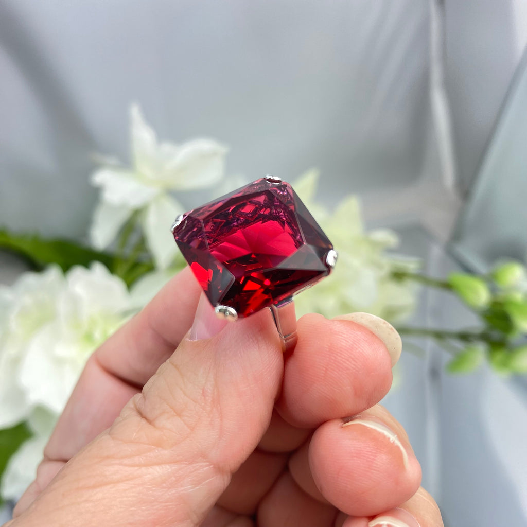 Red Ruby Ring, Large square gem in crisscross basket-weave filigree, art deco styled ring, Art Deco Jewelry, Silver Embrace Jewelry