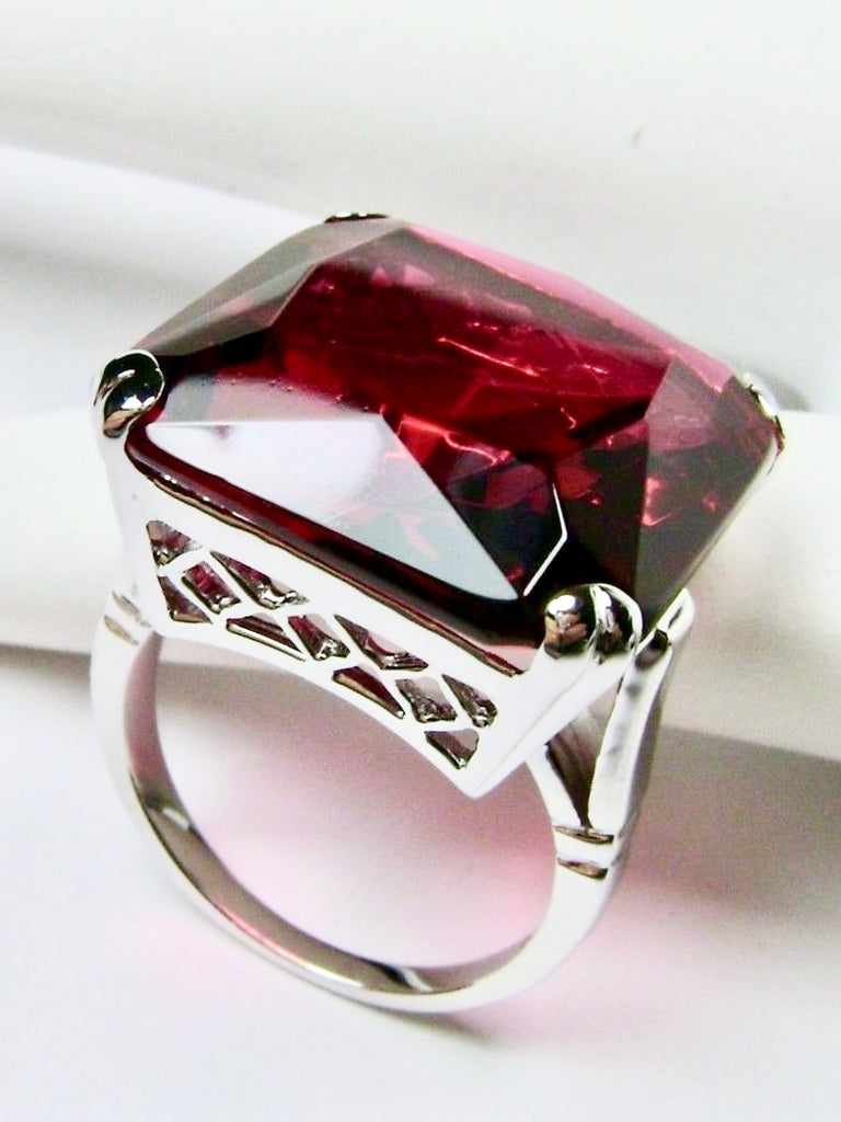 Red Ruby Ring, Large square gem in crisscross basket-weave filigree, art deco styled ring, Art Deco Jewelry, Silver Embrace Jewelry