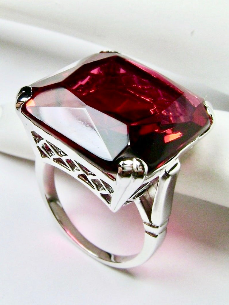 Red Ruby Ring, Large square gem in crisscross basket-weave filigree, art deco styled ring, Art Deco Jewelry, Silver Embrace Jewelry