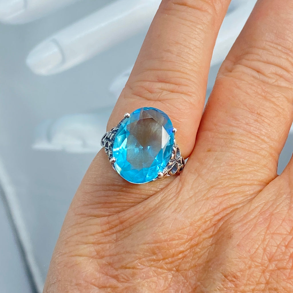 Aquamarine Ring, Sky Blue Ring, Oval Gemstone, Dramatic Swirls, Sterling silver filigree, Silver embrace Jewelry, D10 , OK Ring