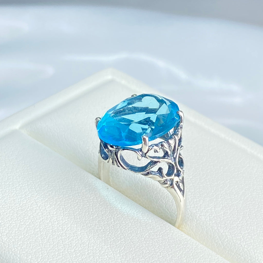 Aquamarine Ring, Sky Blue Ring, Oval Gemstone, Dramatic Swirls, Sterling silver filigree, Silver embrace Jewelry, D10 , OK Ring