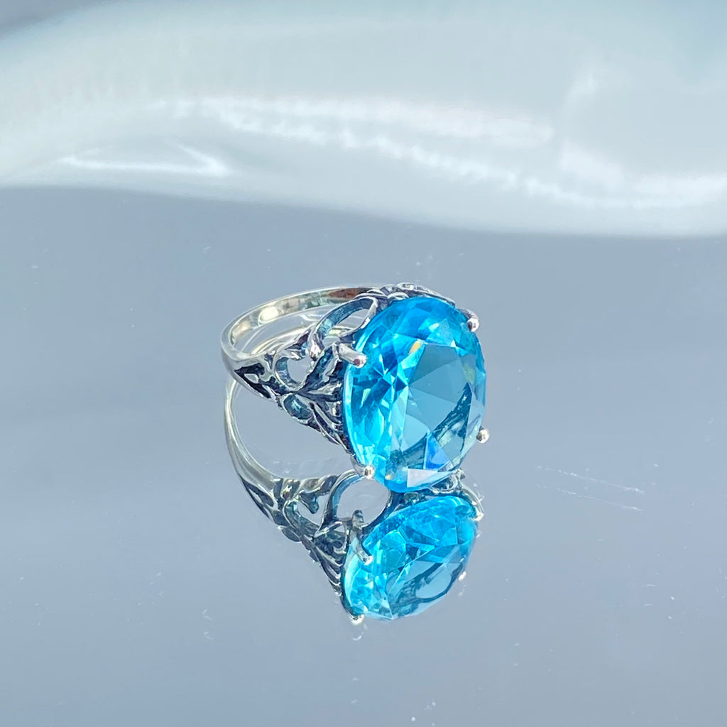 Aquamarine Ring, Sky Blue Ring, Oval Gemstone, Dramatic Swirls, Sterling silver filigree, Silver embrace Jewelry, D10 , OK Ring