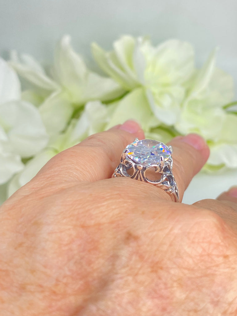 White CZ Ring, Oval Sparkling Gemstone, Dramatic Swirls, Sterling silver filigree, Silver embrace Jewelry, D10 , OK Ring