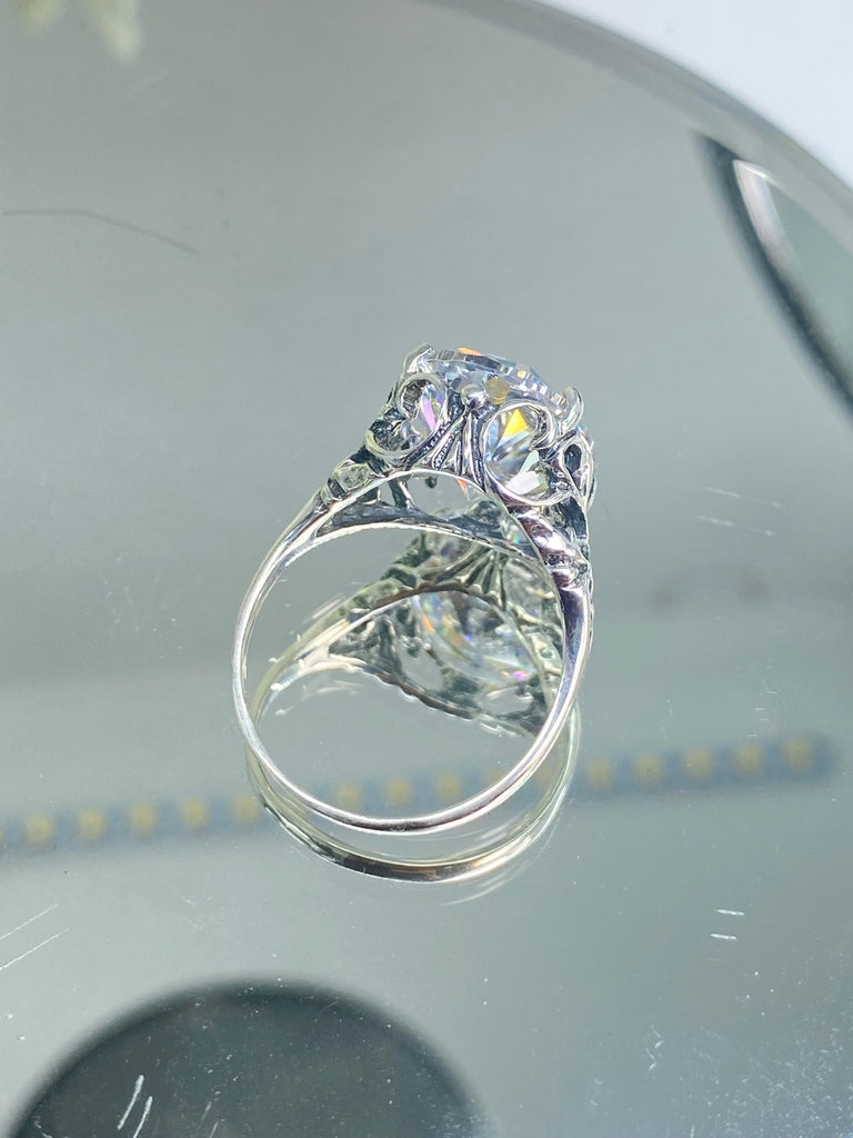 White CZ Ring, Oval Sparkling Gemstone, Dramatic Swirls, Sterling silver filigree, Silver embrace Jewelry, D10 , OK Ring