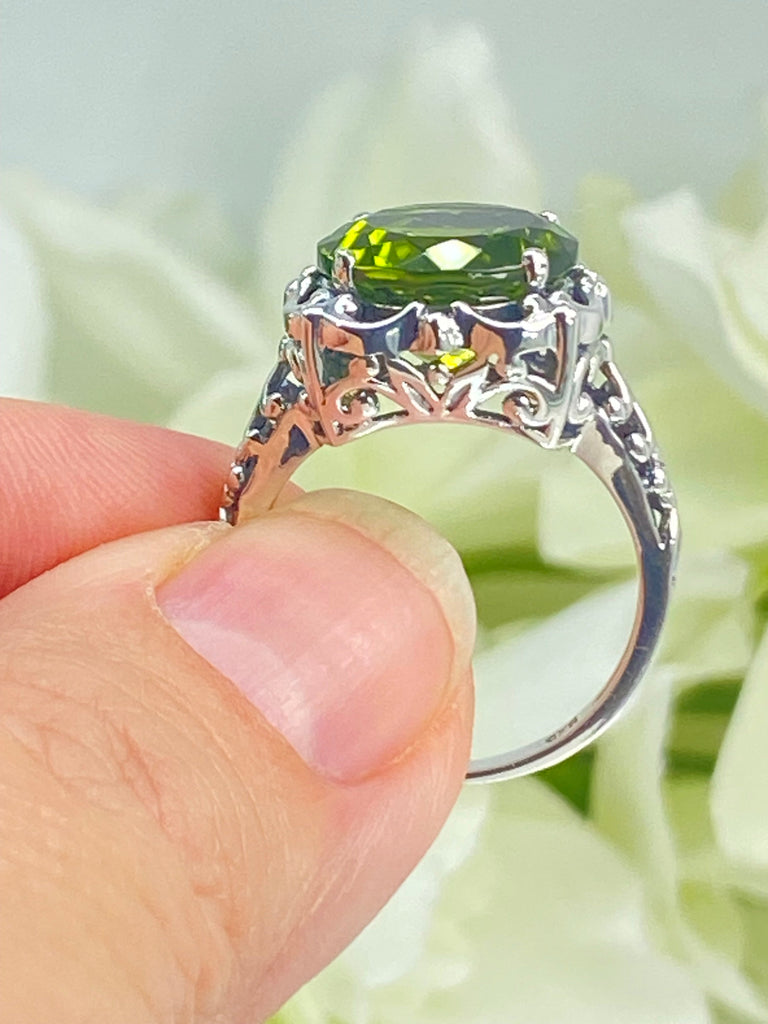 Natural Peridot Ring, Green Earth mined-gemstone, 10k, 14k, Gold or Silver Victorian Jewelry, D103, Speechless, Silver Embrace Jewelry