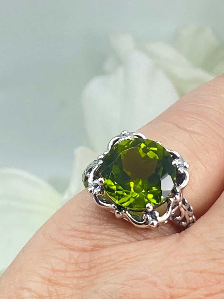 Natural Peridot Ring, Earth mined green gemstone, Victorian Sterling silver filigree, Silver Embrace Jewelry, D103, Speechless