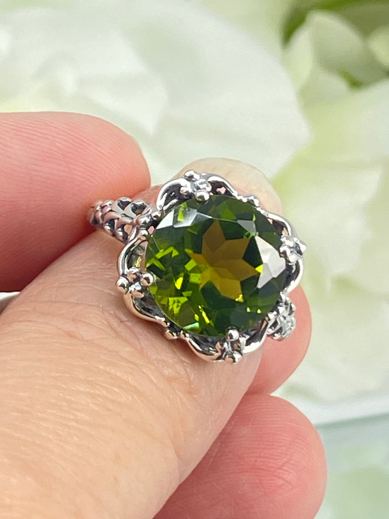 Natural Peridot Ring, Earth mined green gemstone, Victorian Sterling silver filigree, Silver Embrace Jewelry, D103, Speechless