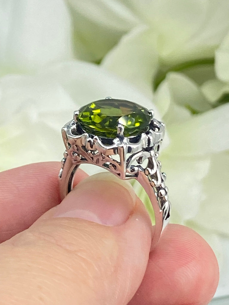 Natural Peridot Ring, Earth mined green gemstone, Victorian Sterling silver filigree, Silver Embrace Jewelry, D103, Speechless