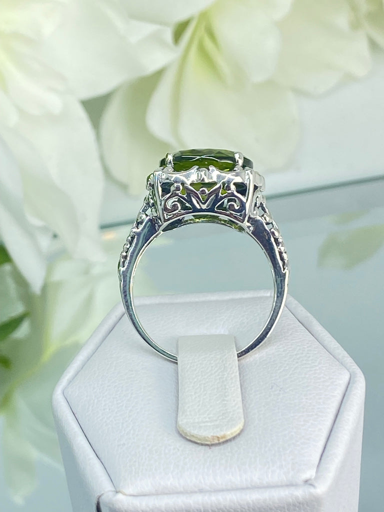 Natural Peridot Ring, Earth mined green gemstone, Victorian Sterling silver filigree, Silver Embrace Jewelry, D103, Speechless