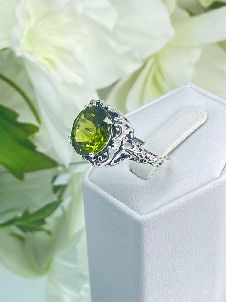 Natural Peridot Ring, Earth mined green gemstone, Victorian Sterling silver filigree, Silver Embrace Jewelry, D103, Speechless