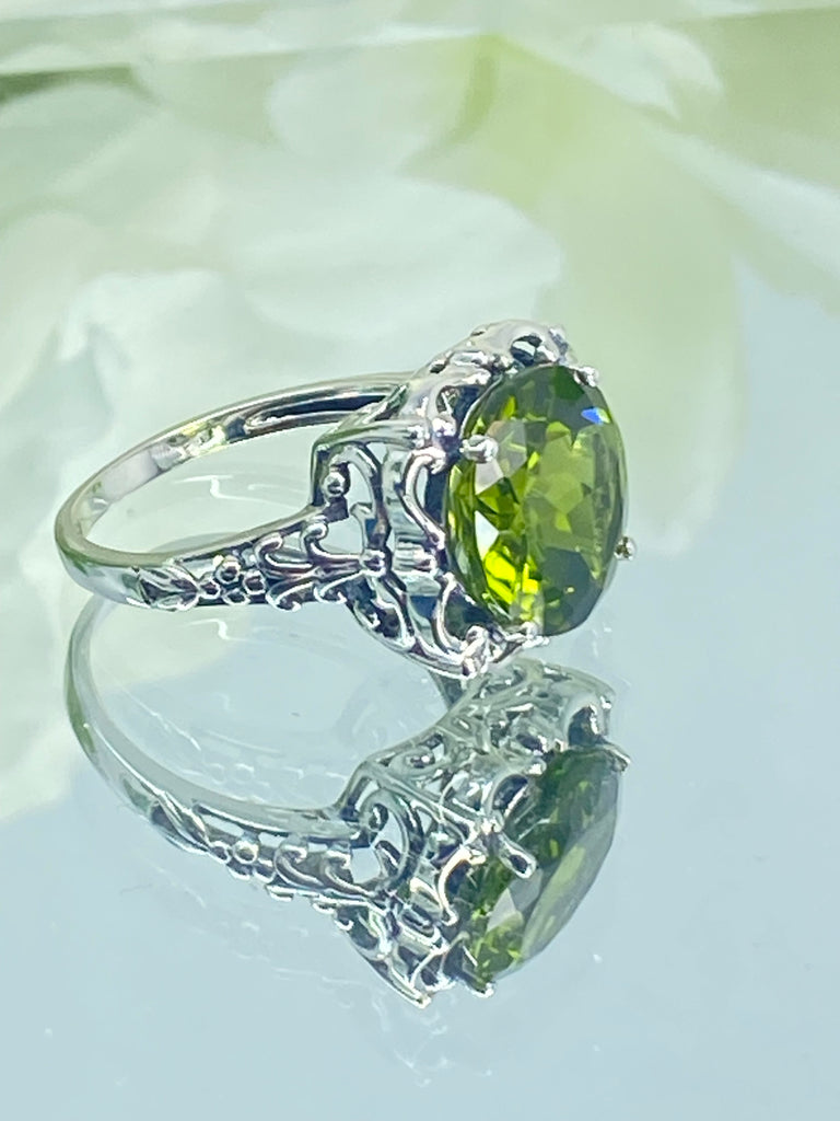 Natural Peridot Ring, Earth mined green gemstone, Victorian Sterling silver filigree, Silver Embrace Jewelry, D103, Speechless