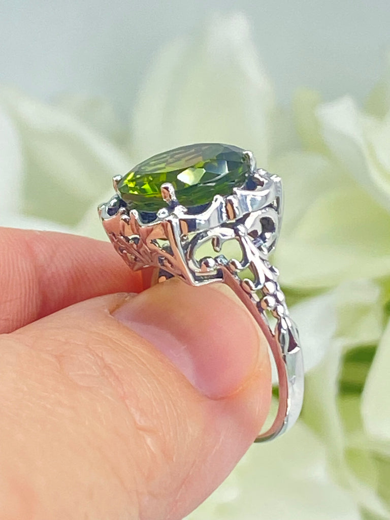 Natural Peridot Ring, Earth mined green gemstone, Victorian Sterling silver filigree, Silver Embrace Jewelry, D103, Speechless