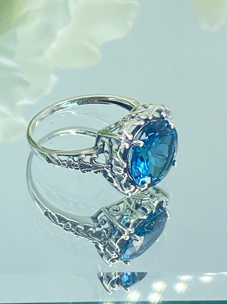 Natural London Blue Topaz Ring, Speechless Design #D103, Sterling Silver Filigree, Vintage Jewelry, Silver Embrace Jewelry