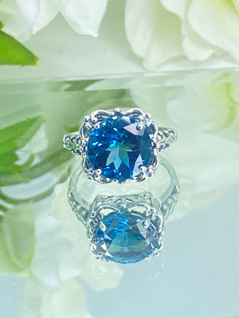 Natural London Blue Topaz Ring, Speechless Design #D103, Sterling Silver Filigree, Vintage Jewelry, Silver Embrace Jewelry