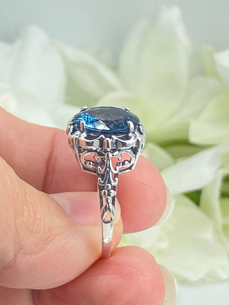 Natural London Blue Topaz Ring, Speechless Design #D103, Sterling Silver Filigree, Vintage Jewelry, Silver Embrace Jewelry