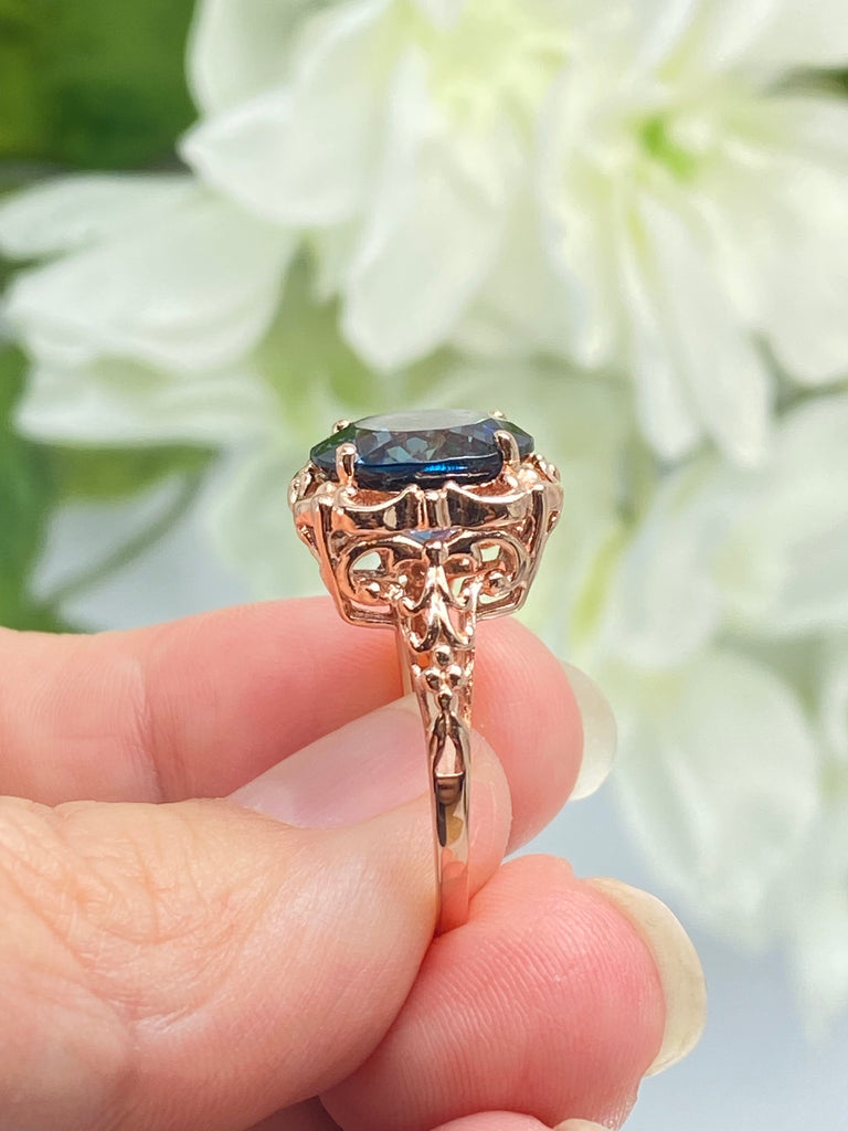 Natural London Blue Topaz Ring, Speechless Design #D103, Rose Gold plated Sterling Silver Filigree, Vintage Jewelry, Silver Embrace Jewelry