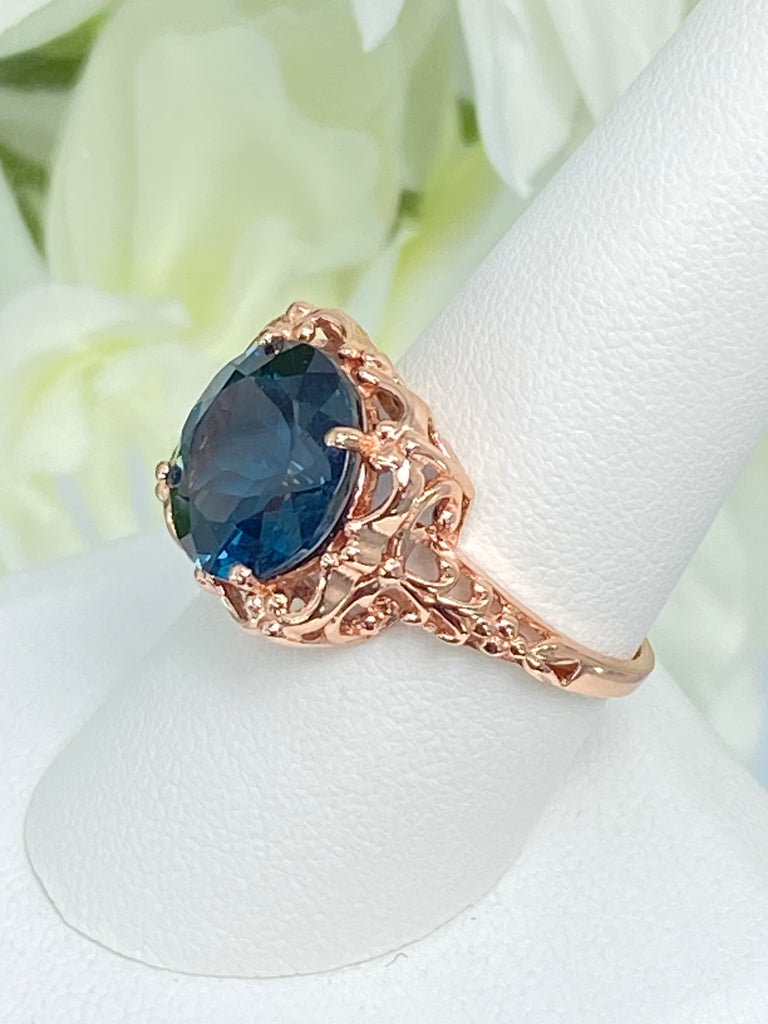 Natural London Blue Topaz Ring, Speechless Design #D103, Rose Gold plated Sterling Silver Filigree, Vintage Jewelry, Silver Embrace Jewelry