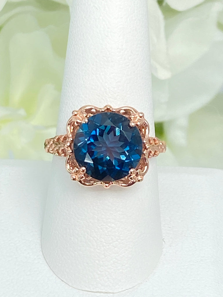 Natural London Blue Topaz Ring, Speechless Design #D103, Rose Gold plated Sterling Silver Filigree, Vintage Jewelry, Silver Embrace Jewelry