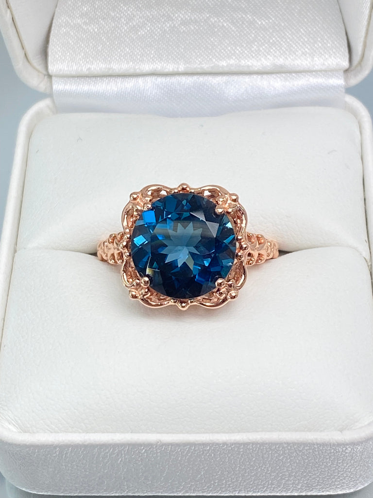 Natural London Blue Topaz Ring, Speechless Design #D103, Rose Gold plated Sterling Silver Filigree, Vintage Jewelry, Silver Embrace Jewelry