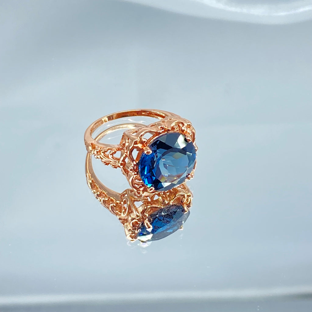 Natural London Blue Topaz Ring, Speechless Design #D103, Rose Gold plated Sterling Silver Filigree, Vintage Jewelry, Silver Embrace Jewelry