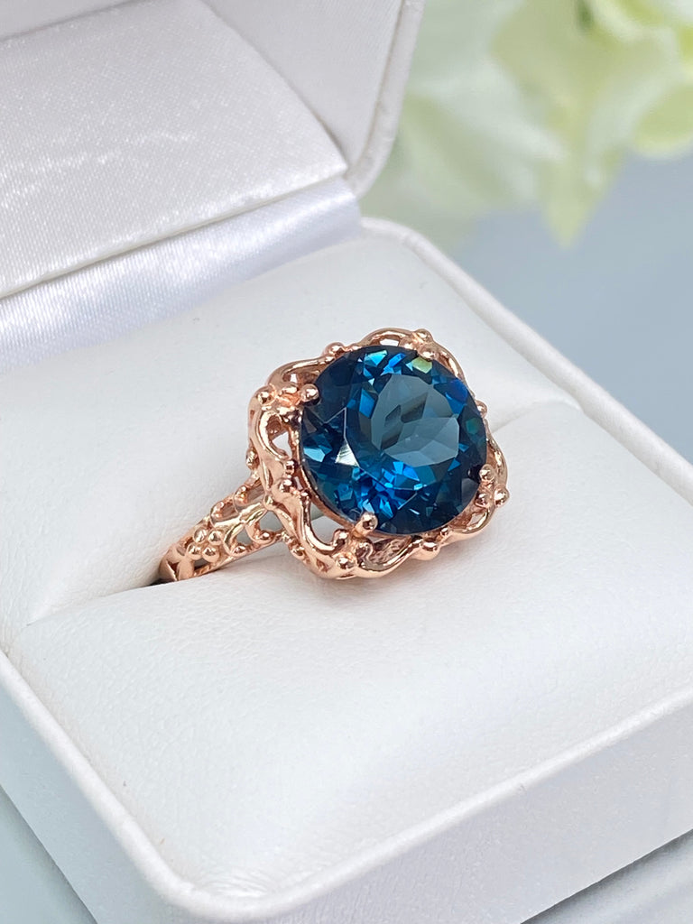 Natural London Blue Topaz Ring, Speechless Design #D103, Rose Gold plated Sterling Silver Filigree, Vintage Jewelry, Silver Embrace Jewelry