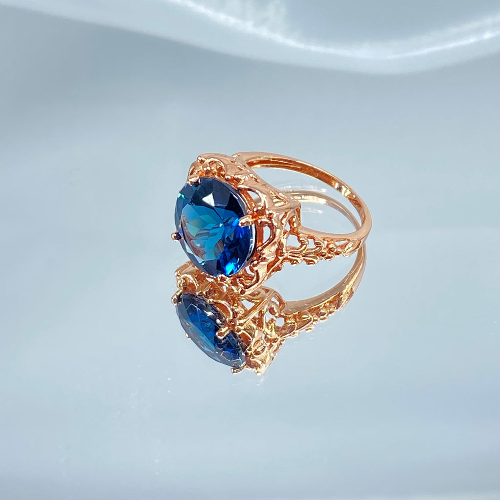 Natural London Blue Topaz Ring, Speechless Design #D103, Rose Gold plated Sterling Silver Filigree, Vintage Jewelry, Silver Embrace Jewelry