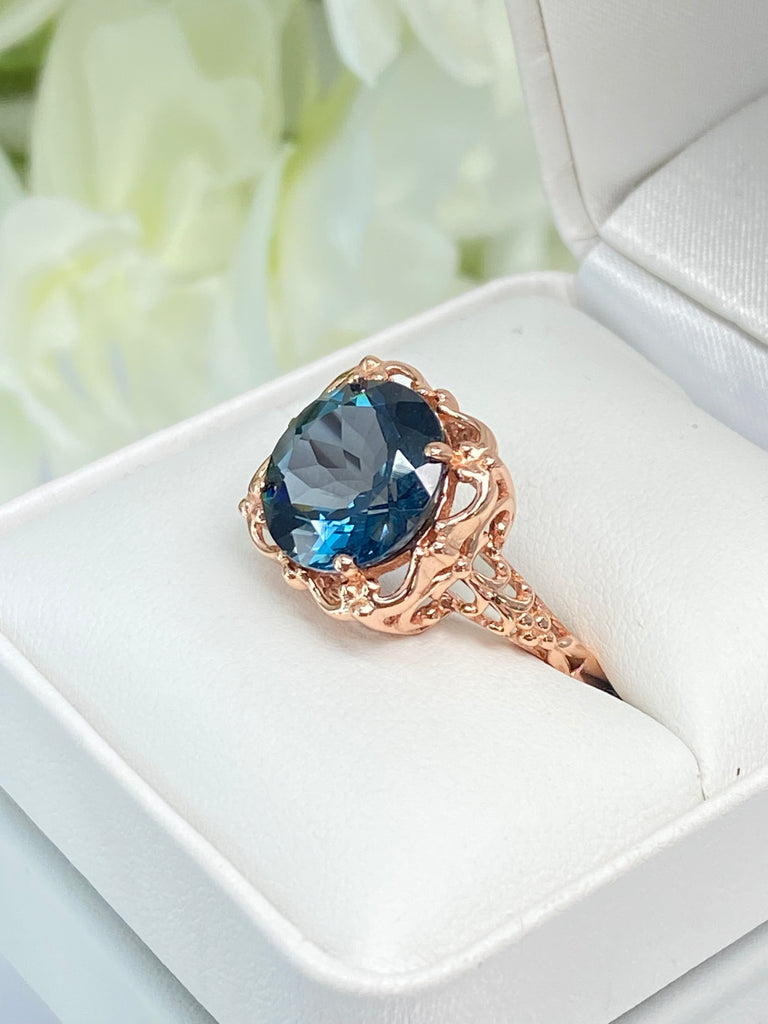 Natural London Blue Topaz Ring, Speechless Design #D103, Rose Gold plated Sterling Silver Filigree, Vintage Jewelry, Silver Embrace Jewelry