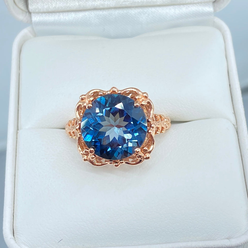 Natural London Blue Topaz Ring, Speechless Design #D103, Rose Gold plated Sterling Silver Filigree, Vintage Jewelry, Silver Embrace Jewelry