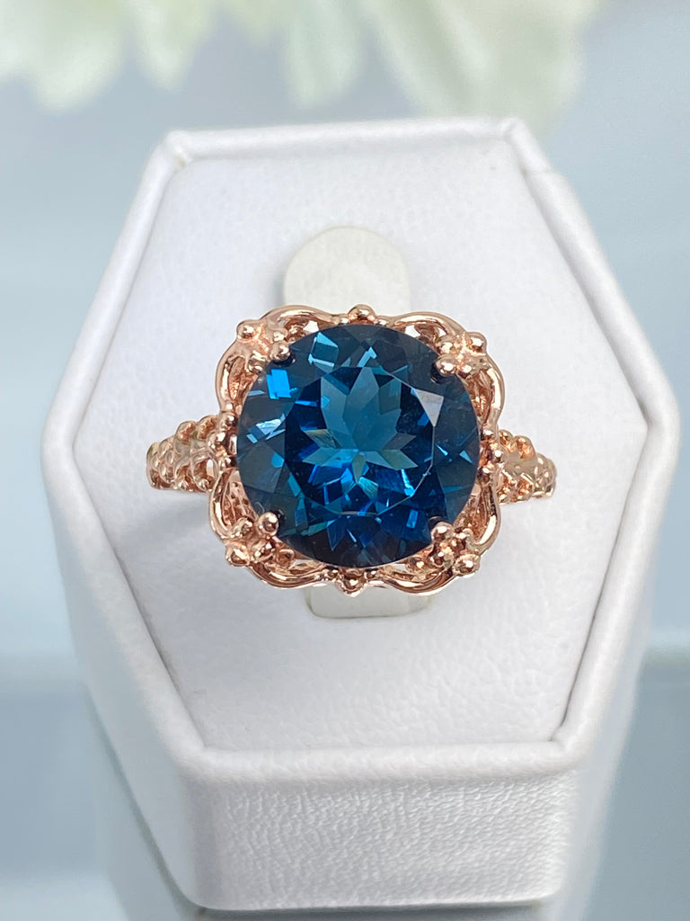 Natural London Blue Topaz Ring, Speechless Design #D103, Rose Gold plated Sterling Silver Filigree, Vintage Jewelry, Silver Embrace Jewelry