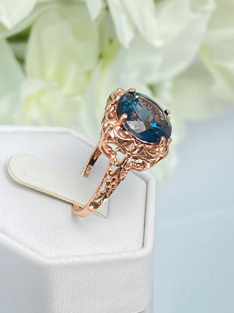 Natural London Blue Topaz Ring, Speechless Design #D103, Rose Gold plated Sterling Silver Filigree, Vintage Jewelry, Silver Embrace Jewelry